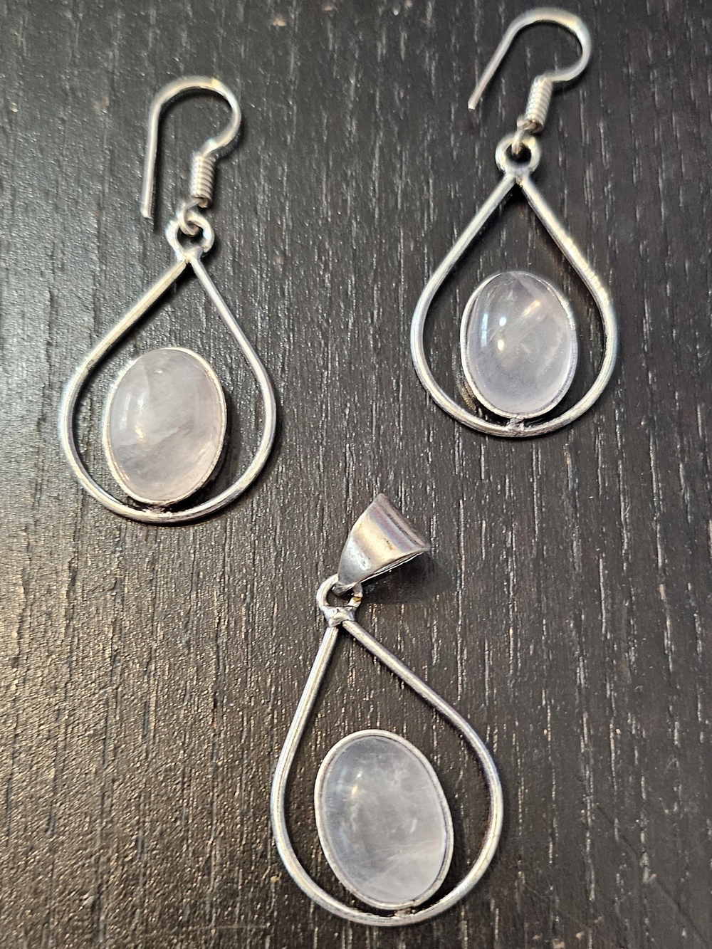 Sterling Silver Teardrop Rose Quartz Earrings and Pendant Set